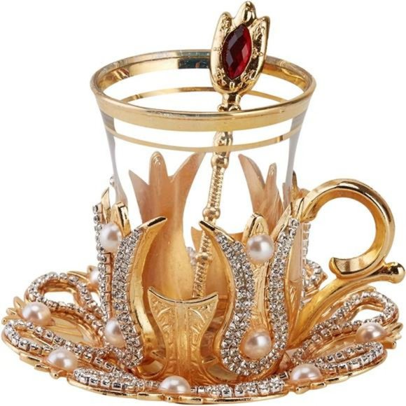 Other - 6 PCS Decorative Cups Set Turkish Coffee Tea Cups Glass Gold Swarovski Crystals